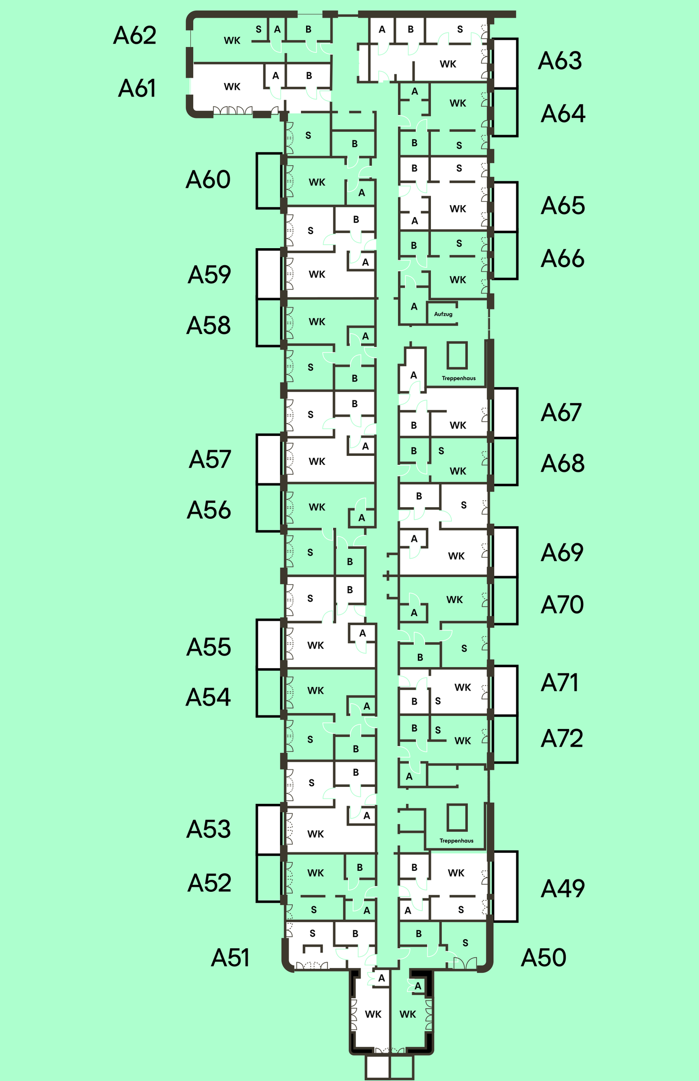 Grundriss 2. Obergeschoss – Einheiten A49–A72