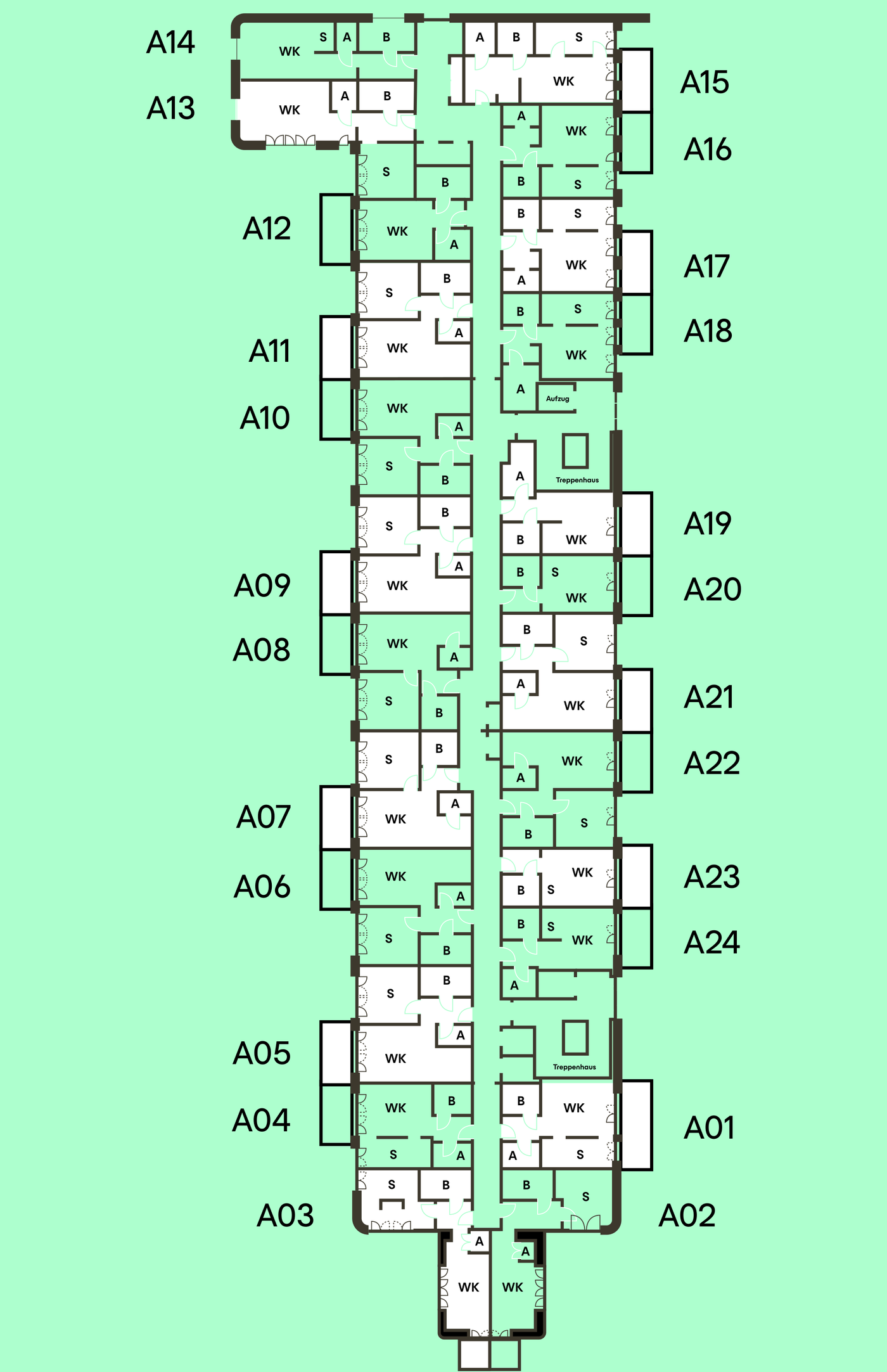 Grundriss Hochparterre – Einheiten A01–A24