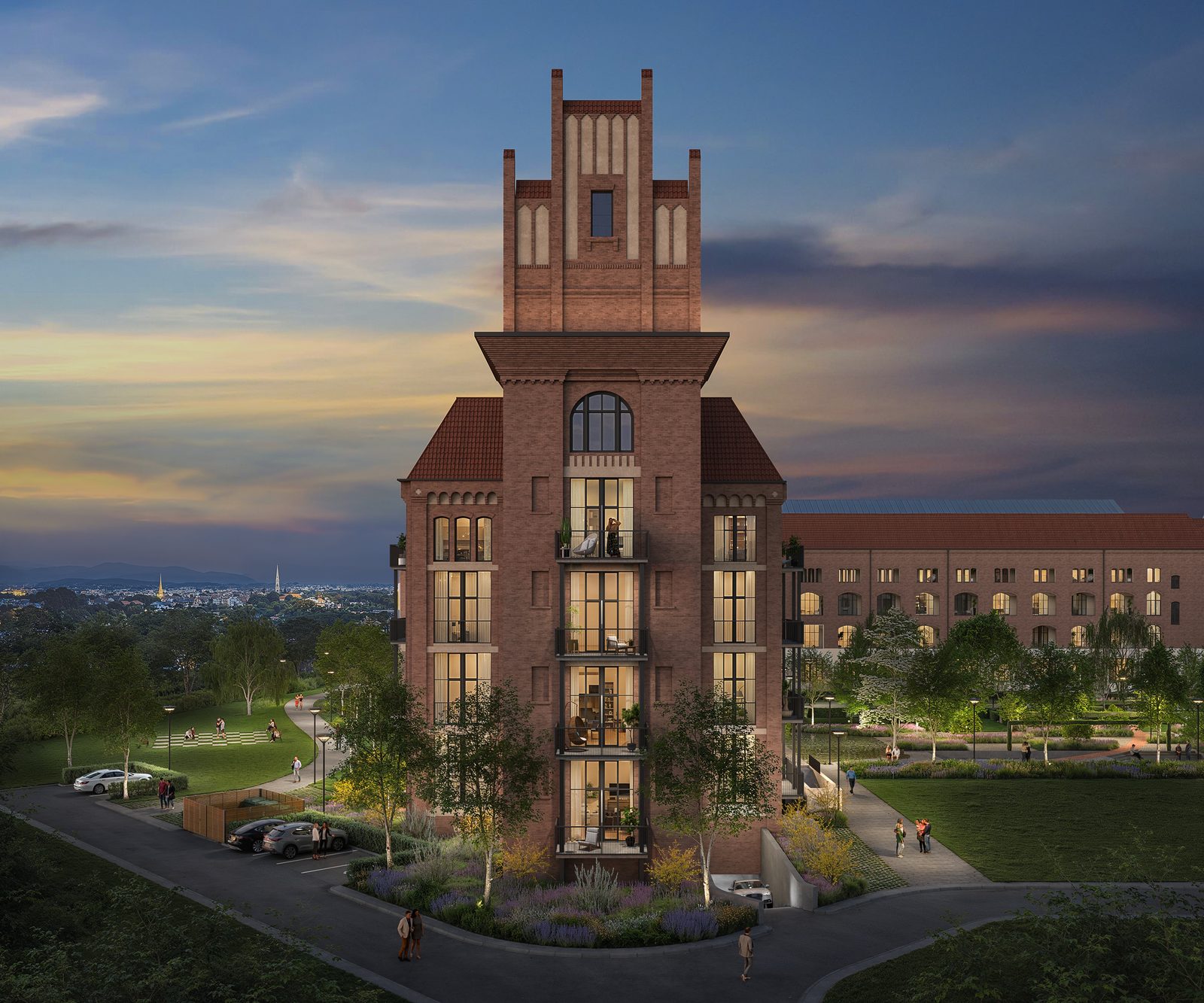 Der Turm des Salzmann-Areals in der Abenddämmerung